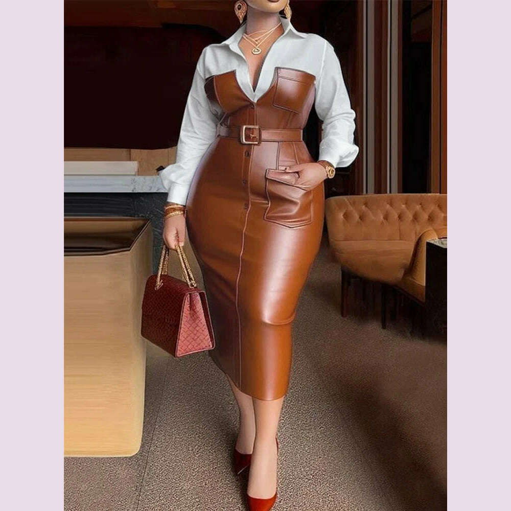KIMLUD, Womens Shirt Collar Dresses New Autumn Buttons Long Sleeve PU Leather Patchwork Pocket Skinny Belted Lapel Female Midi Dress, KIMLUD Womens Clothes