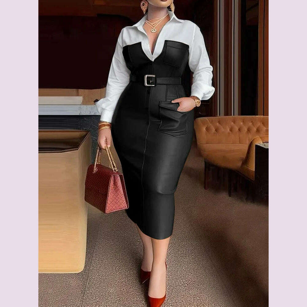 KIMLUD, Womens Shirt Collar Dresses New Autumn Buttons Long Sleeve PU Leather Patchwork Pocket Skinny Belted Lapel Female Midi Dress, KIMLUD Womens Clothes