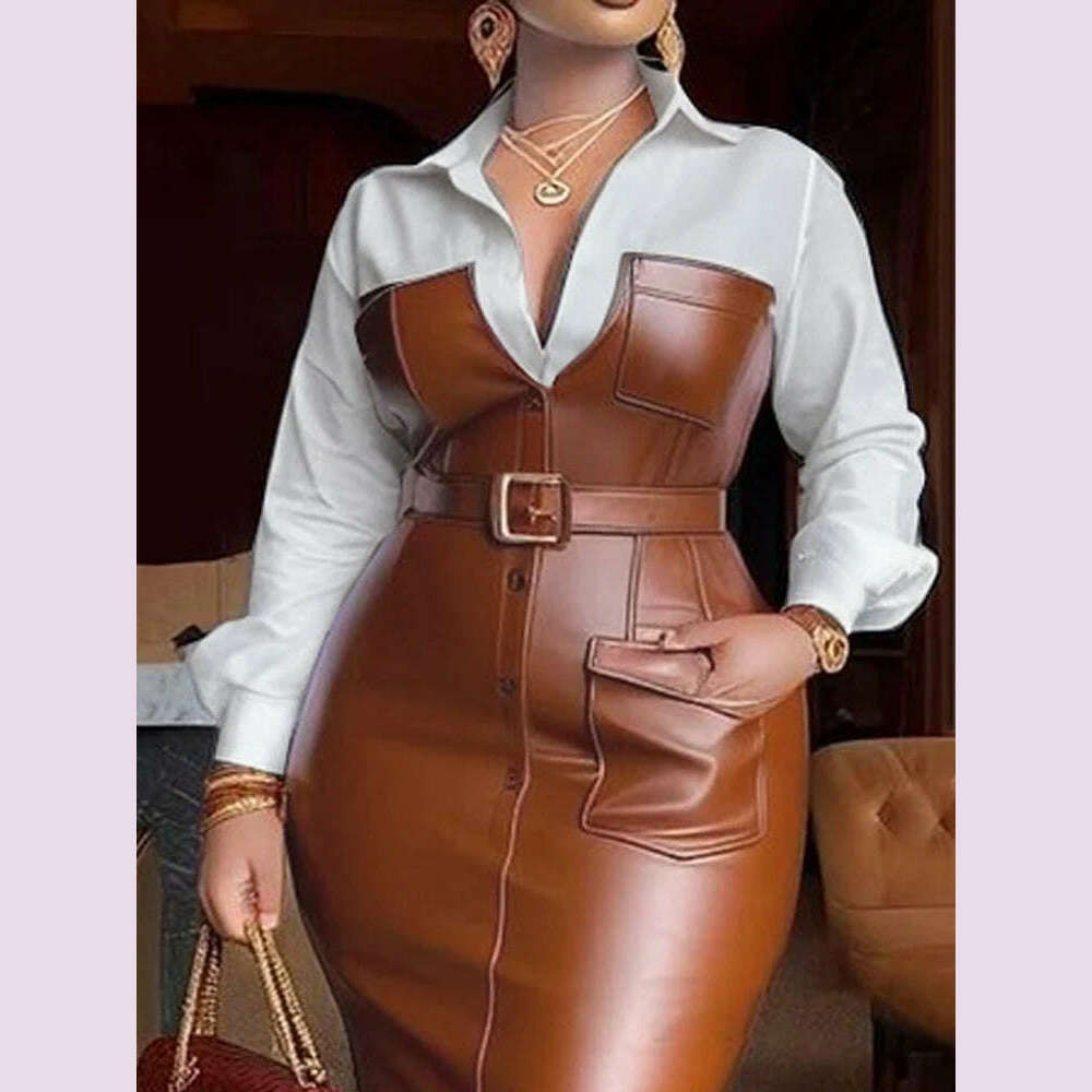 KIMLUD, Womens Shirt Collar Dresses New Autumn Buttons Long Sleeve PU Leather Patchwork Pocket Skinny Belted Lapel Female Midi Dress, KIMLUD Womens Clothes