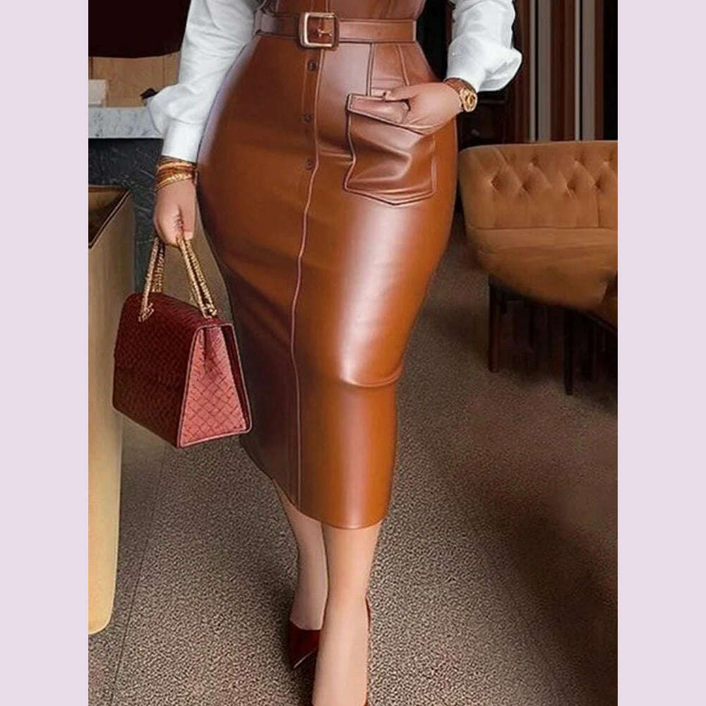 KIMLUD, Womens Shirt Collar Dresses New Autumn Buttons Long Sleeve PU Leather Patchwork Pocket Skinny Belted Lapel Female Midi Dress, KIMLUD Womens Clothes