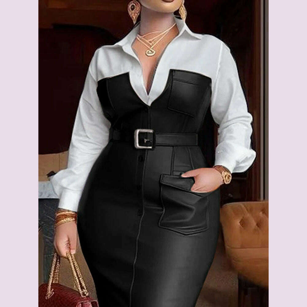 KIMLUD, Womens Shirt Collar Dresses New Autumn Buttons Long Sleeve PU Leather Patchwork Pocket Skinny Belted Lapel Female Midi Dress, KIMLUD Womens Clothes