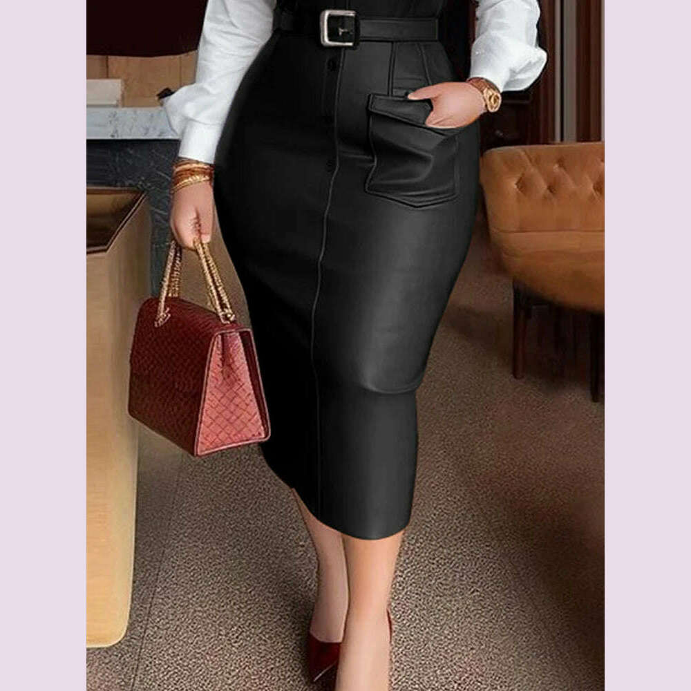KIMLUD, Womens Shirt Collar Dresses New Autumn Buttons Long Sleeve PU Leather Patchwork Pocket Skinny Belted Lapel Female Midi Dress, KIMLUD Womens Clothes