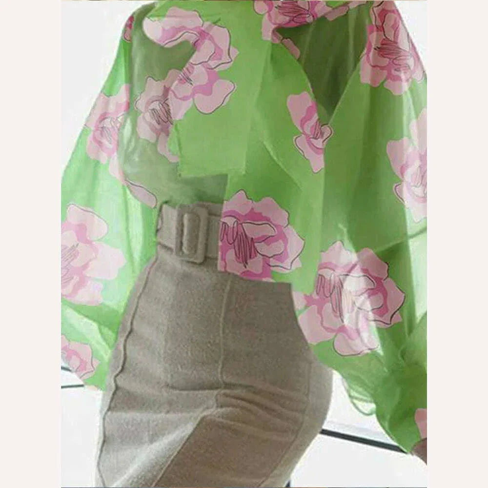 KIMLUD, Women's Shirt Long Sleeve Elegant Standing Neck Flower Print Balloon Sleeve Slim Fit Shirt Fashion Trend Summer 2023, KIMLUD Womens Clothes