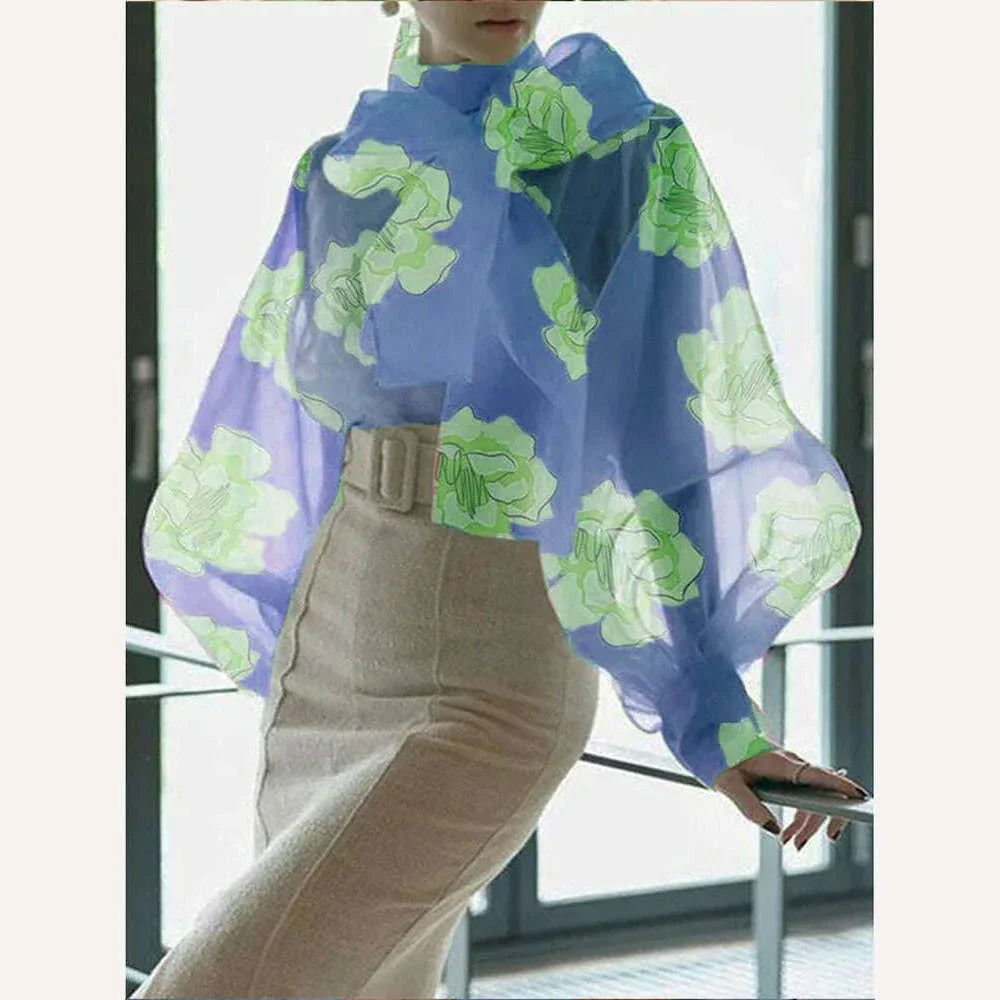 KIMLUD, Women's Shirt Long Sleeve Elegant Standing Neck Flower Print Balloon Sleeve Slim Fit Shirt Fashion Trend Summer blusas mujer, KIMLUD Womens Clothes