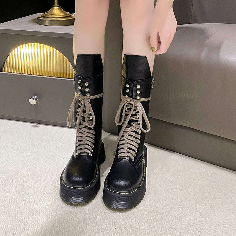 KIMLUD, Women's Shoes Mid Calf Boots Gothic Punk Casual Black Platform Woman Wedge Heel Spring 2023 Cross Lace-up Design Women Boots, KIMLUD Womens Clothes