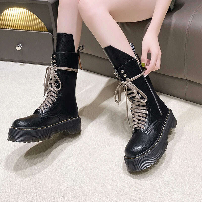 KIMLUD, Women's Shoes Mid Calf Boots Gothic Punk Casual Black Platform Woman Wedge Heel Spring 2023 Cross Lace-up Design Women Boots, KIMLUD Womens Clothes