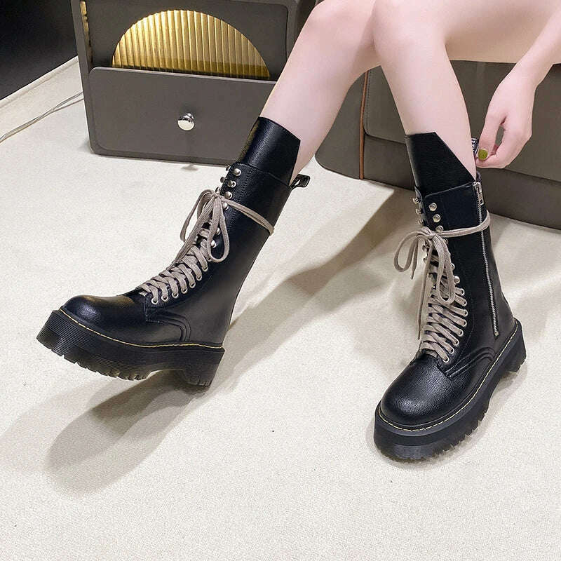 KIMLUD, Women's Shoes Mid Calf Boots Gothic Punk Casual Black Platform Woman Wedge Heel Spring 2023 Cross Lace-up Design Women Boots, KIMLUD Womens Clothes
