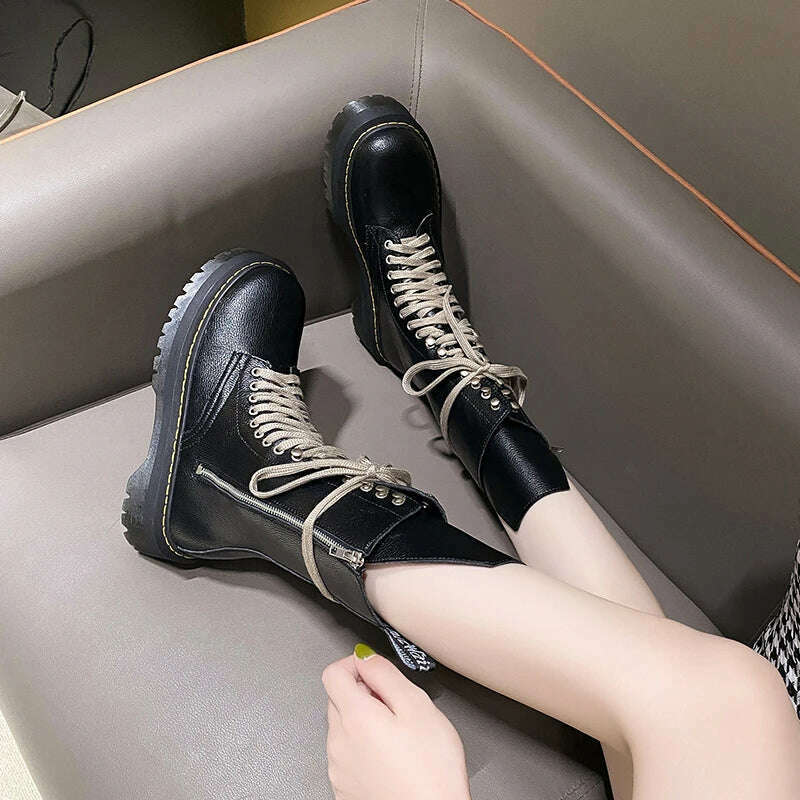 KIMLUD, Women's Shoes Mid Calf Boots Gothic Punk Casual Black Platform Woman Wedge Heel Spring 2023 Cross Lace-up Design Women Boots, KIMLUD Womens Clothes
