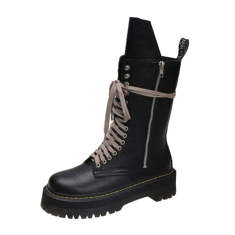 KIMLUD, Women's Shoes Mid Calf Boots Gothic Punk Casual Black Platform Woman Wedge Heel Spring 2023 Cross Lace-up Design Women Boots, black / 35, KIMLUD APPAREL - Womens Clothes
