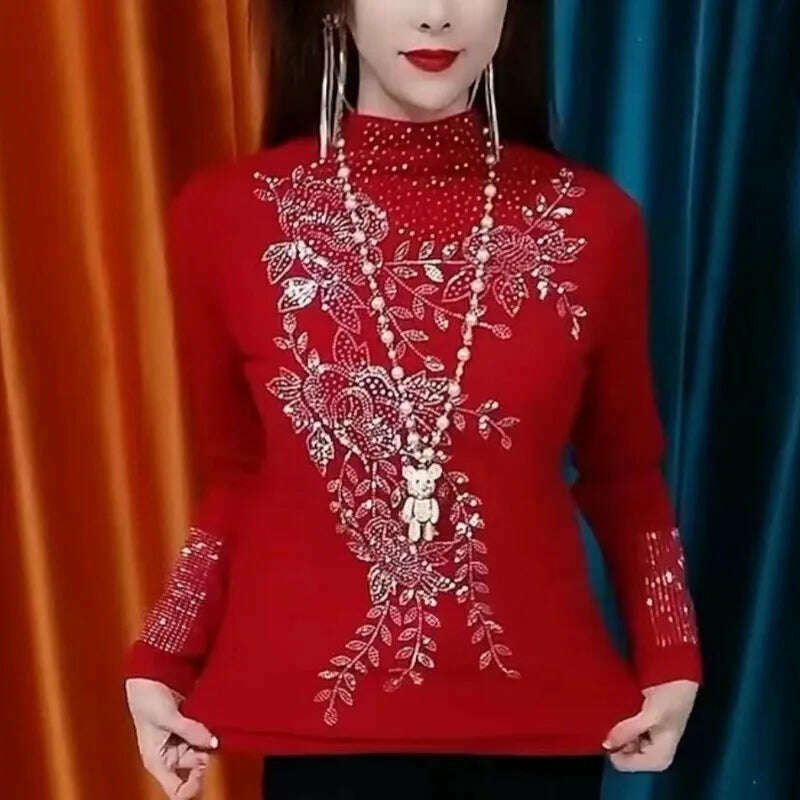 KIMLUD, Women's Solid Color Half High Collar Printed Diamonds Autumn and Winter New Slim Warm Long Sleeve All Match Pullover Bottom Tops, Red thin / M(42.5-57.5)kg, KIMLUD APPAREL - Womens Clothes