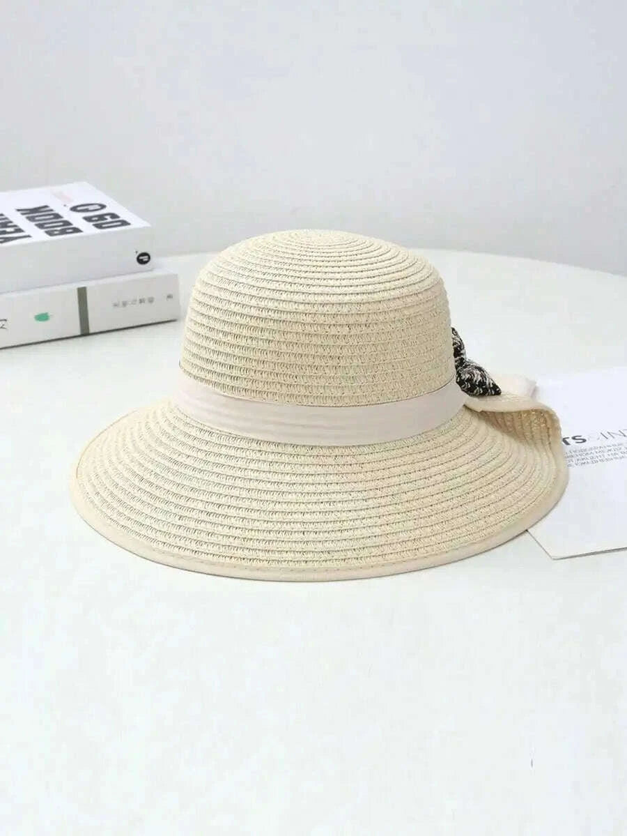 Womens Solid Color Wide Brim Straw Hat With Red Band French Elegant Casual Sun Protection Hat For Beach Vacation Travel