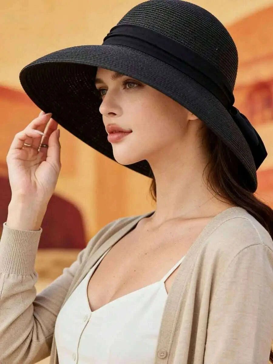 Womens Solid Color Wide Brim Straw Hat With Red Band French Elegant Casual Sun Protection Hat For Beach Vacation Travel