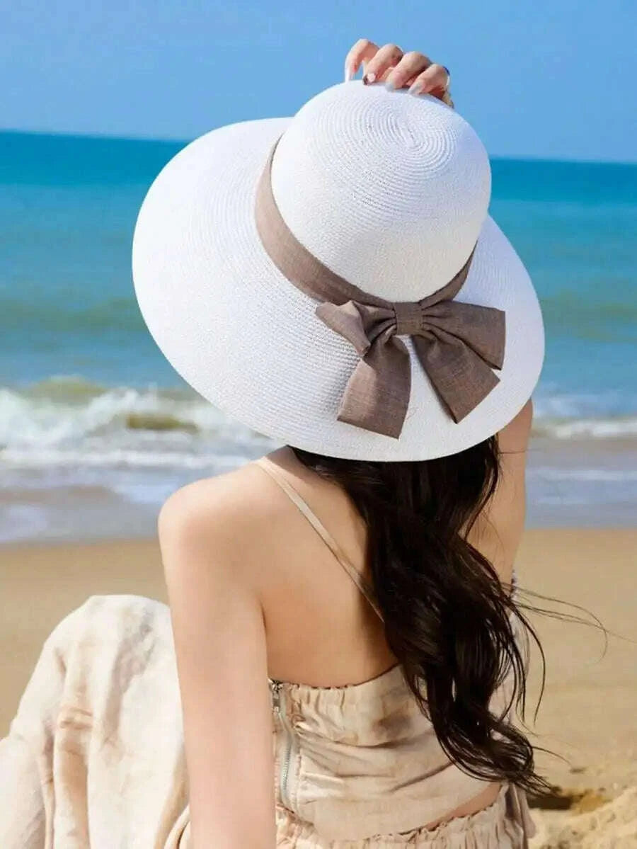 Womens Solid Color Wide Brim Straw Hat With Red Band French Elegant Casual Sun Protection Hat For Beach Vacation Travel