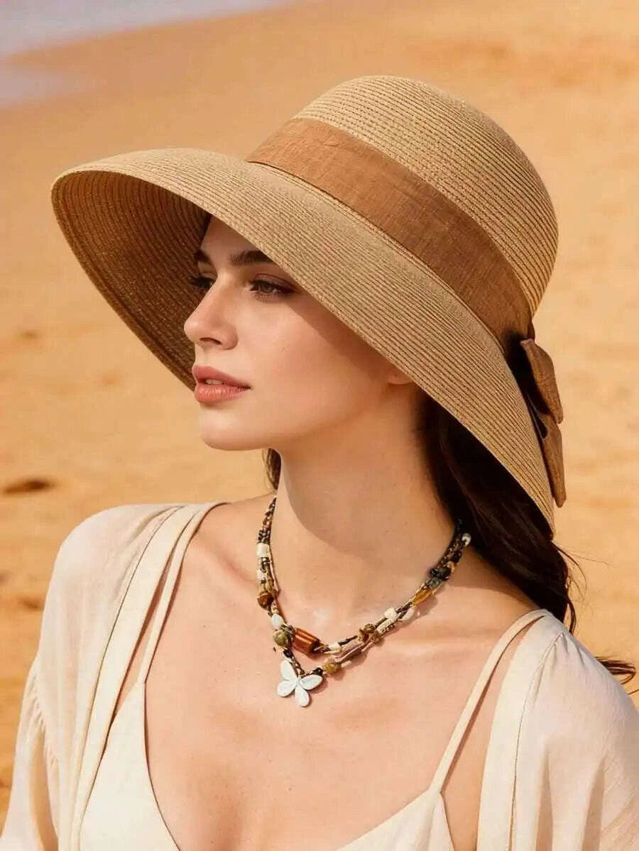 Womens Solid Color Wide Brim Straw Hat With Red Band French Elegant Casual Sun Protection Hat For Beach Vacation Travel
