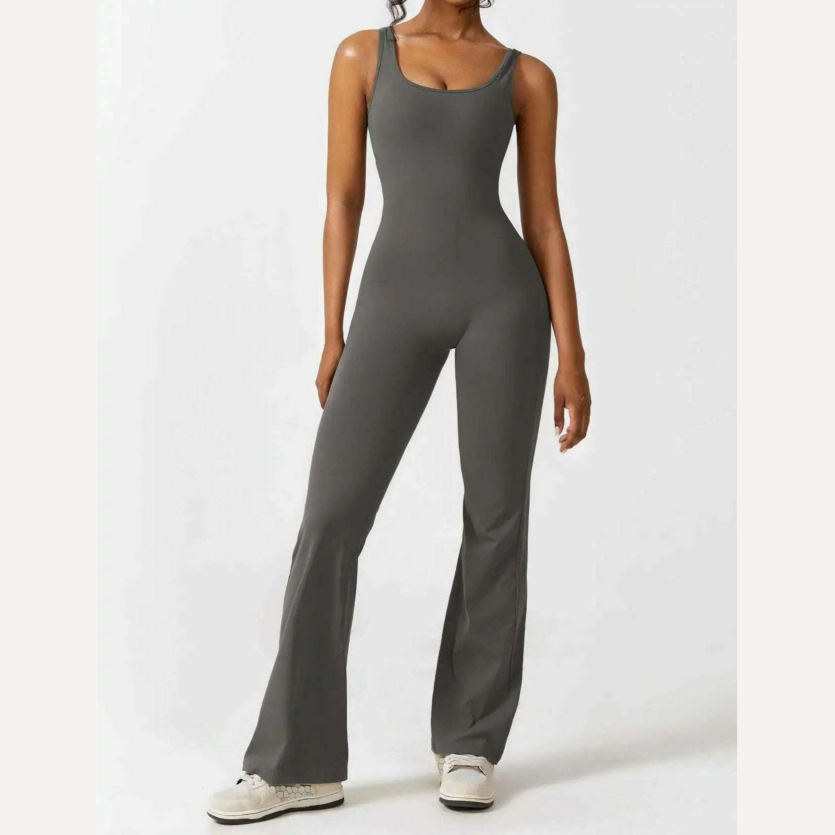 KIMLUD, Women's Sports Style Hollow Back Bodysuit Yoga Jumpsuit with Chest Pad Honey Peach Hip Flare Pants New Autumn Sports Style 831, GRAY / S, KIMLUD APPAREL - Womens Clothes