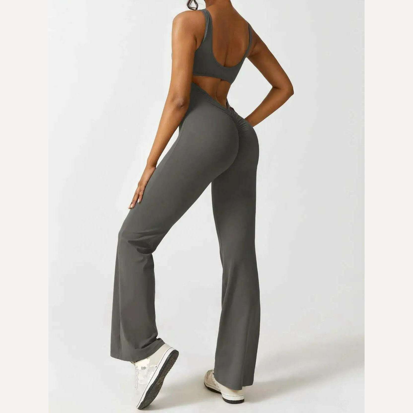 KIMLUD, Women's Sports Style Hollow Back Bodysuit Yoga Jumpsuit with Chest Pad Honey Peach Hip Flare Pants New Autumn Sports Style 831, KIMLUD Womens Clothes