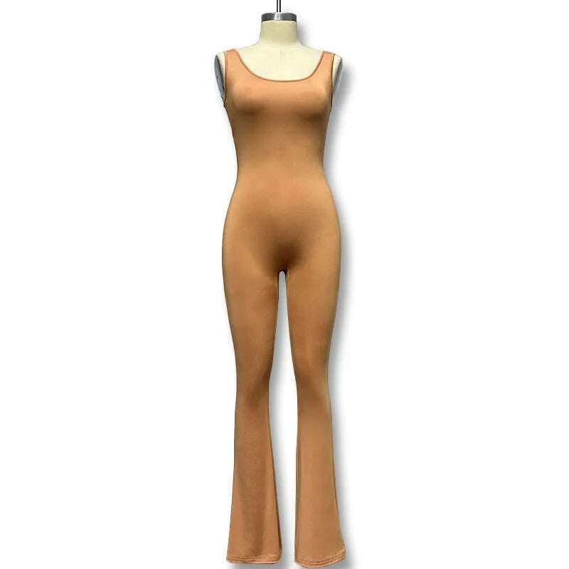KIMLUD, Women's Sports Style Hollow Back Bodysuit Yoga Jumpsuit with Chest Pad Honey Peach Hip Flare Pants New Autumn Sports Style 831, Light Brown / S, KIMLUD APPAREL - Womens Clothes