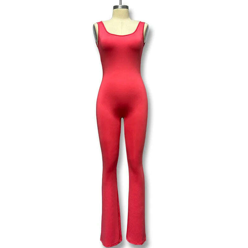KIMLUD, Women's Sports Style Hollow Back Bodysuit Yoga Jumpsuit with Chest Pad Honey Peach Hip Flare Pants New Autumn Sports Style 831, Rose Red / S, KIMLUD APPAREL - Womens Clothes
