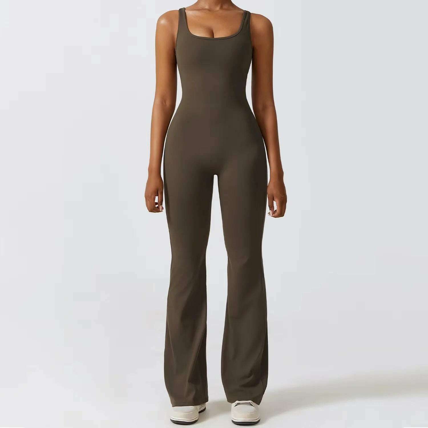 KIMLUD, Women's Sports Style Hollow Back Bodysuit Yoga Jumpsuit with Chest Pad Honey Peach Hip Flare Pants New Autumn Sports Style 831, KIMLUD Womens Clothes