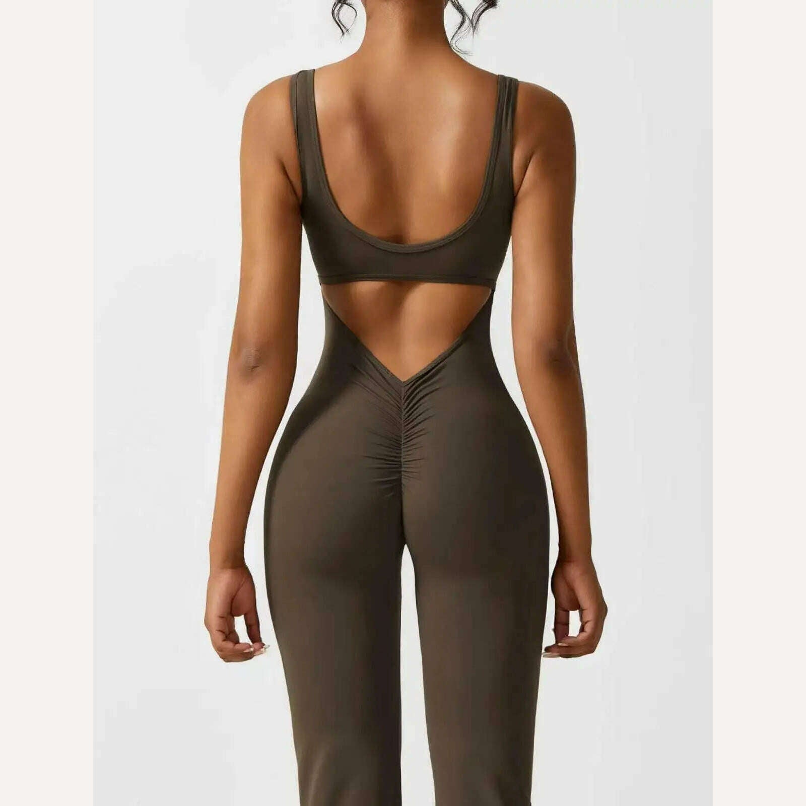 KIMLUD, Women's Sports Style Hollow Back Bodysuit Yoga Jumpsuit with Chest Pad Honey Peach Hip Flare Pants New Autumn Sports Style 831, KIMLUD Womens Clothes