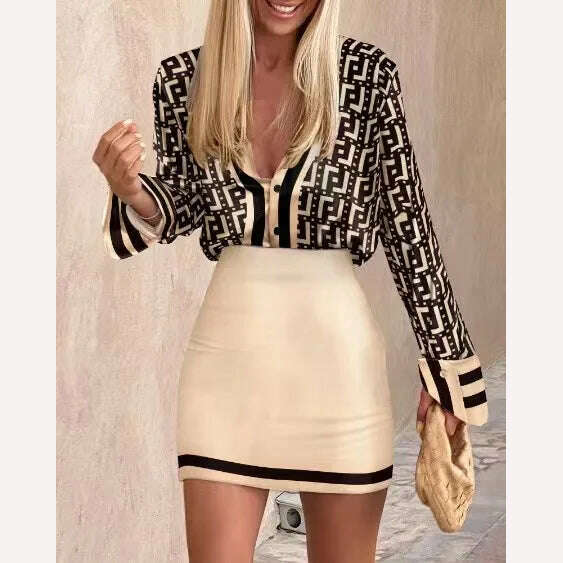 KIMLUD, Women's Spring Autumn New Printed Shirt Long Sleeve Set Fashion Slim Elegant Female  Office Dresses Mini Skirt 2 Piece Set 2023, KIMLUD Womens Clothes