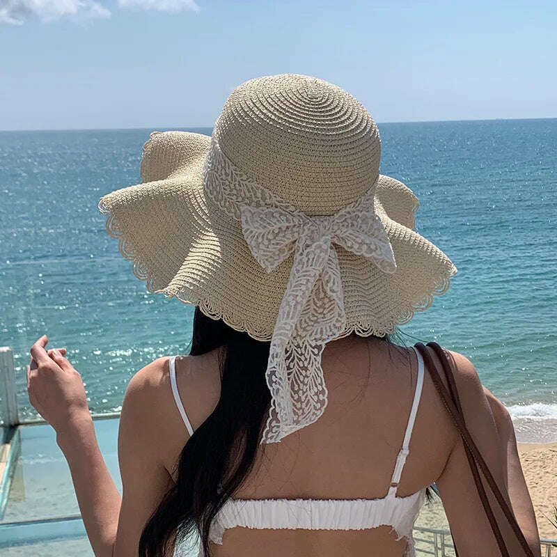 Straw Sun Hat Lace Bow Large Brim Foldable | KIMLUD