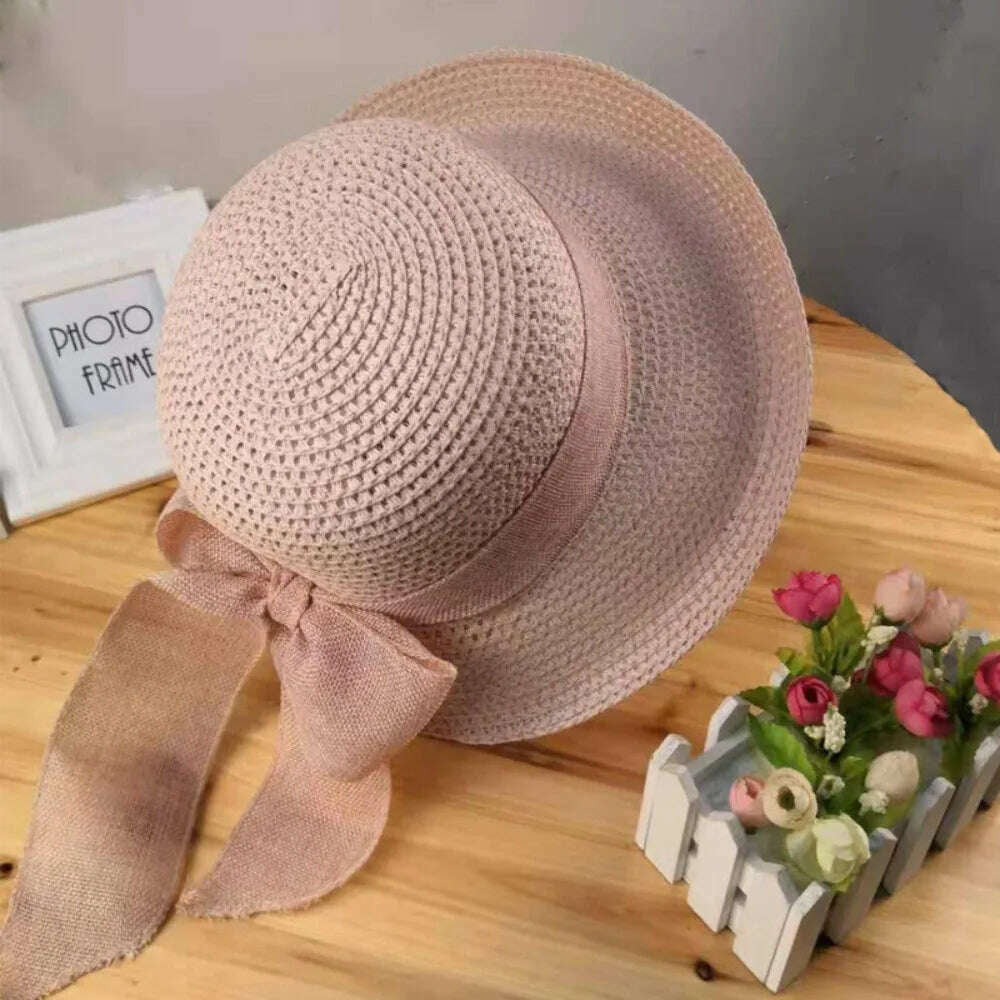 KIMLUD, Women's Summer Hat Beach Outing Sun Hat Straw Hat Foldable Straw Hat Woman Travel Female Vacation UV Protection Visor Hat, Pink, KIMLUD Womens Clothes