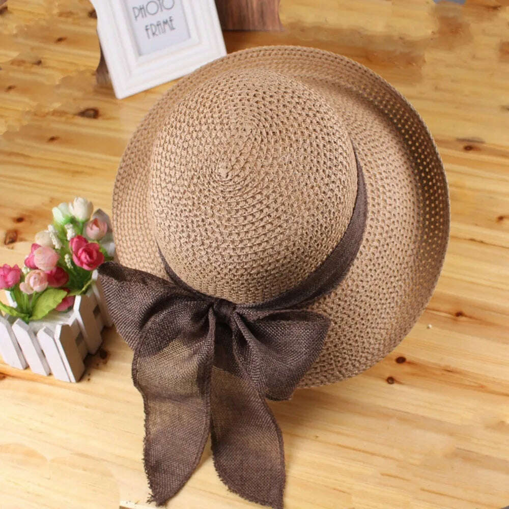 KIMLUD, Women's Summer Hat Beach Outing Sun Hat Straw Hat Foldable Straw Hat Woman Travel Female Vacation UV Protection Visor Hat, Khaki, KIMLUD Womens Clothes