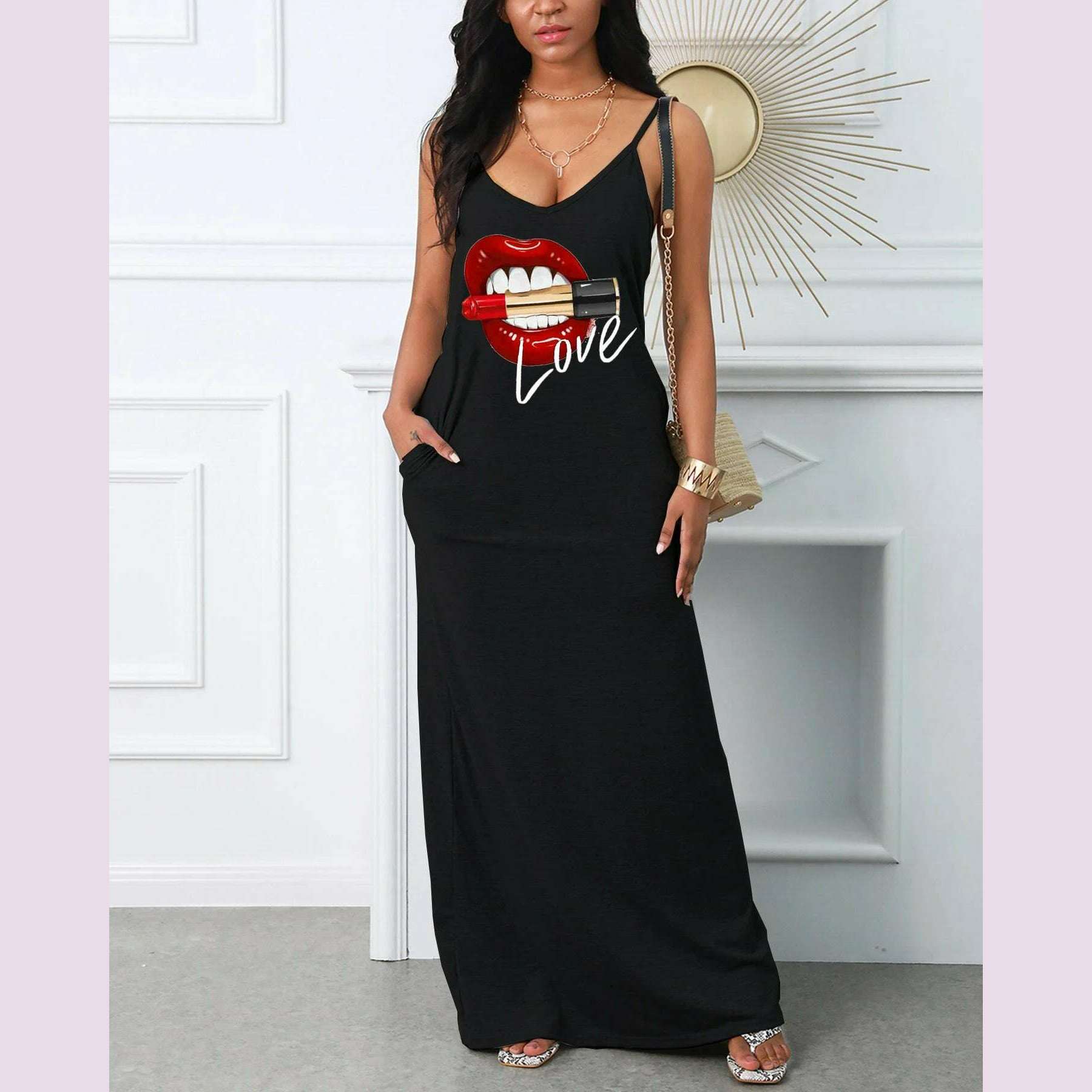 Women's summer loose fit oversized casual LOVE Red Lip lipstick print V-neck strap sexy slim fit dress - KIMLUD