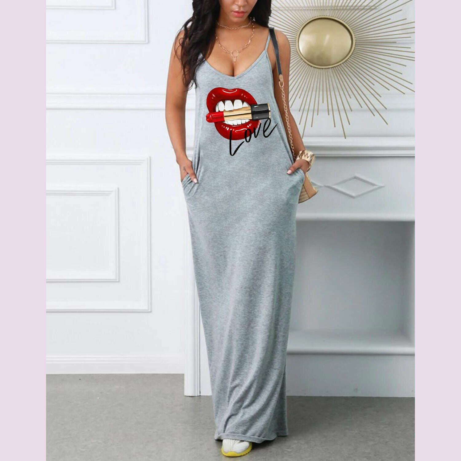 Women's summer loose fit oversized casual LOVE Red Lip lipstick print V-neck strap sexy slim fit dress - KIMLUD