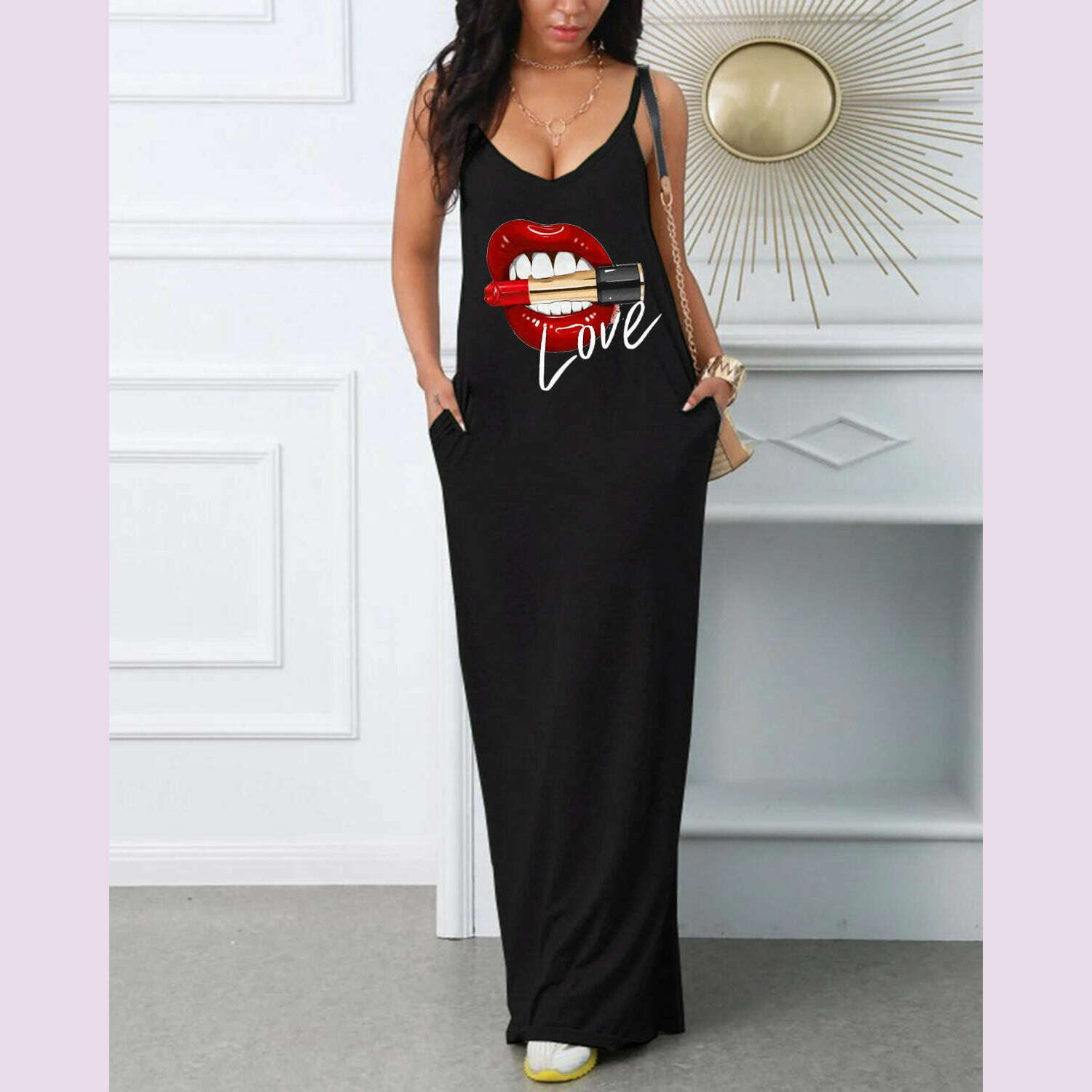Women's summer loose fit oversized casual LOVE Red Lip lipstick print V-neck strap sexy slim fit dress - KIMLUD