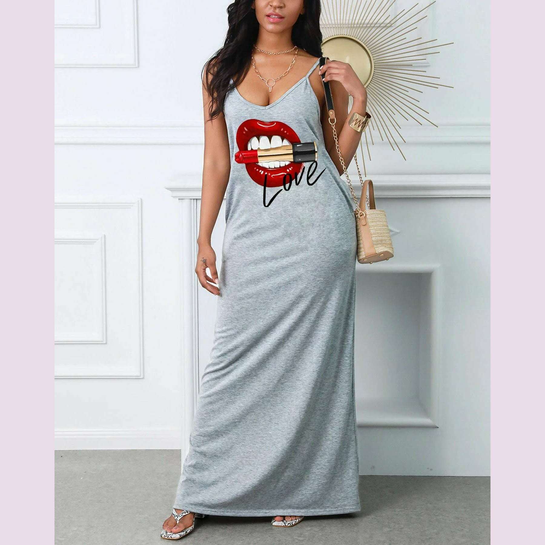 Women's summer loose fit oversized casual LOVE Red Lip lipstick print V-neck strap sexy slim fit dress - KIMLUD