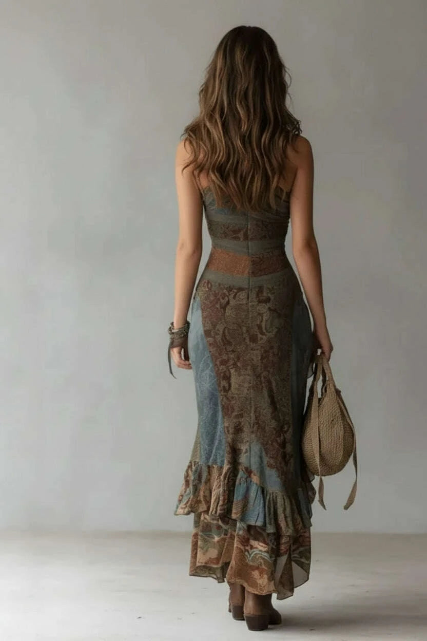 Woman wearing a long, patterned dress holding a bag against a plain background