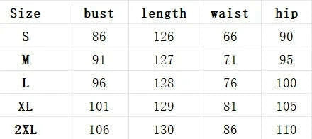 Table showing measurements for different sizes of clothing items with columns for bust, length, waist, and hip.