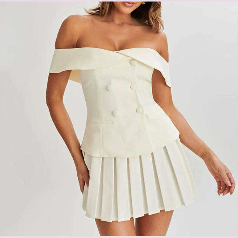 KIMLUD, Women's Summer Set One Shoulder Suit Button Slim Fit Top Cross Collar Button and Pleated Short Skirt Solid Color Simplicity, B / M, KIMLUD APPAREL - Womens Clothes