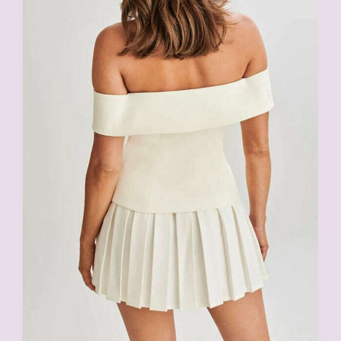 KIMLUD, Women's Summer Set One Shoulder Suit Button Slim Fit Top Cross Collar Button and Pleated Short Skirt Solid Color Simplicity, KIMLUD Womens Clothes