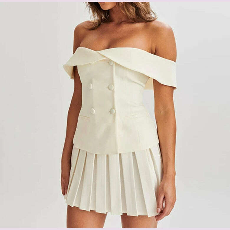 KIMLUD, Women's Summer Set One Shoulder Suit Button Slim Fit Top Cross Collar Button and Pleated Short Skirt Solid Color Simplicity, KIMLUD Womens Clothes
