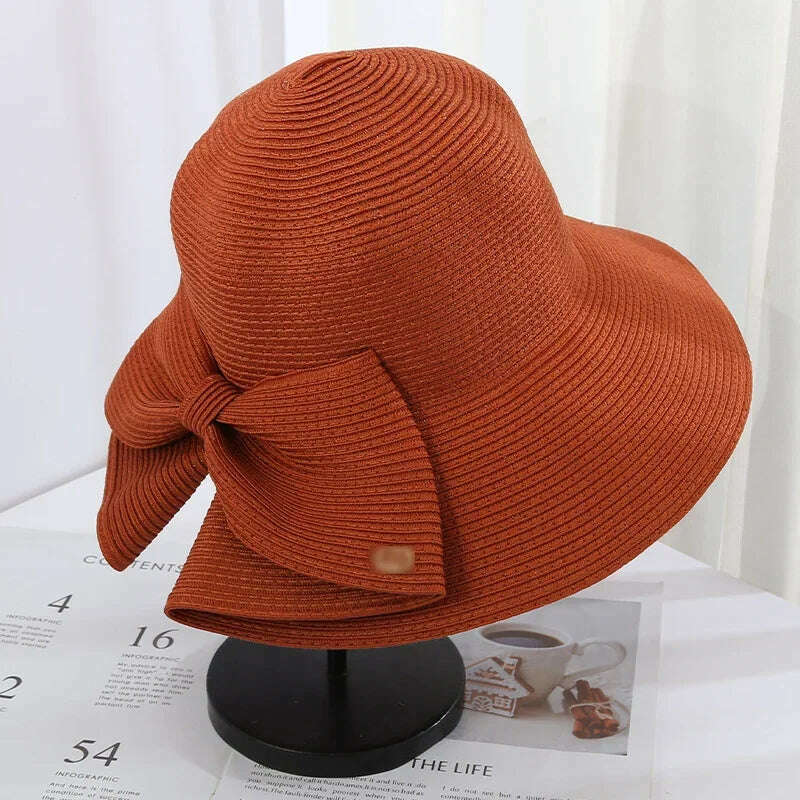 KIMLUD, Women's Sun Hat Big Bow Wide Brim Floppy Summer Hats for Women Beach Panama Straw Hat Sun Protection Visor Femme Cap Straw Hat, Brick red / M(56-58cm), KIMLUD APPAREL - Womens Clothes