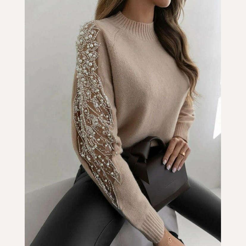 KIMLUD, Women's Sweater Autumn Fashion Contrast Sequin Beaded Sheer Mesh Patch Casual Mock Neck Long Sleeve Daily Pullover Knit Sweater, KIMLUD Womens Clothes
