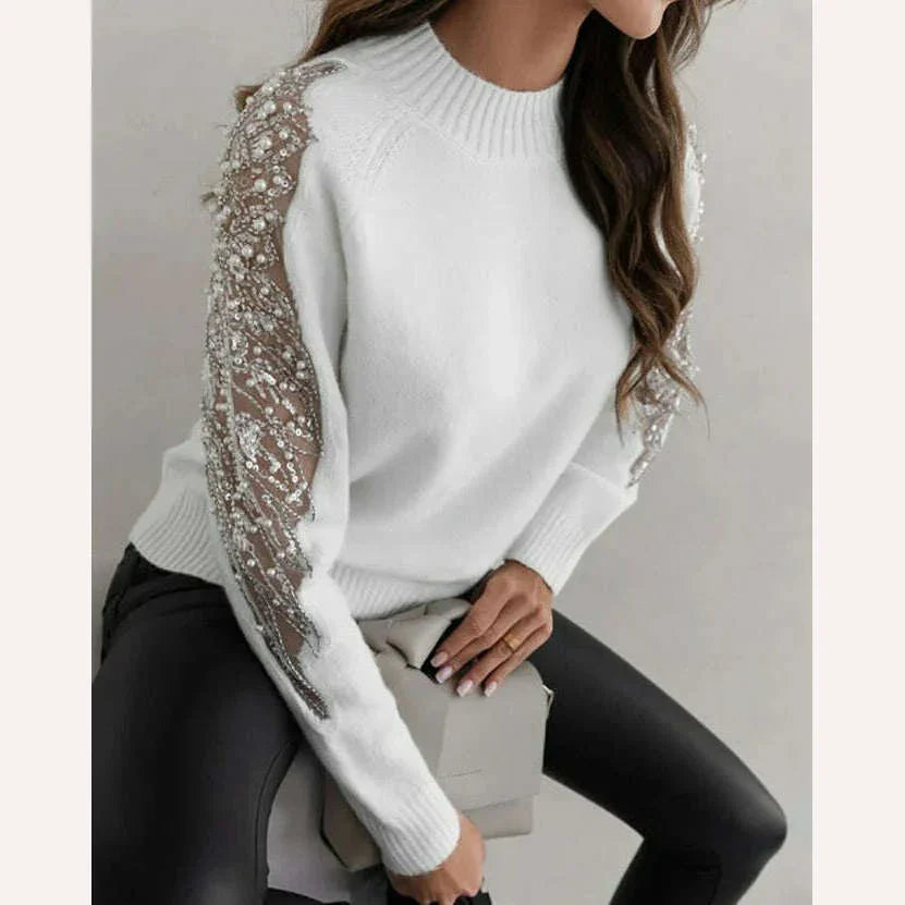KIMLUD, Women's Sweater Autumn Fashion Contrast Sequin Beaded Sheer Mesh Patch Casual Mock Neck Long Sleeve Daily Pullover Knit Sweater, KIMLUD Womens Clothes