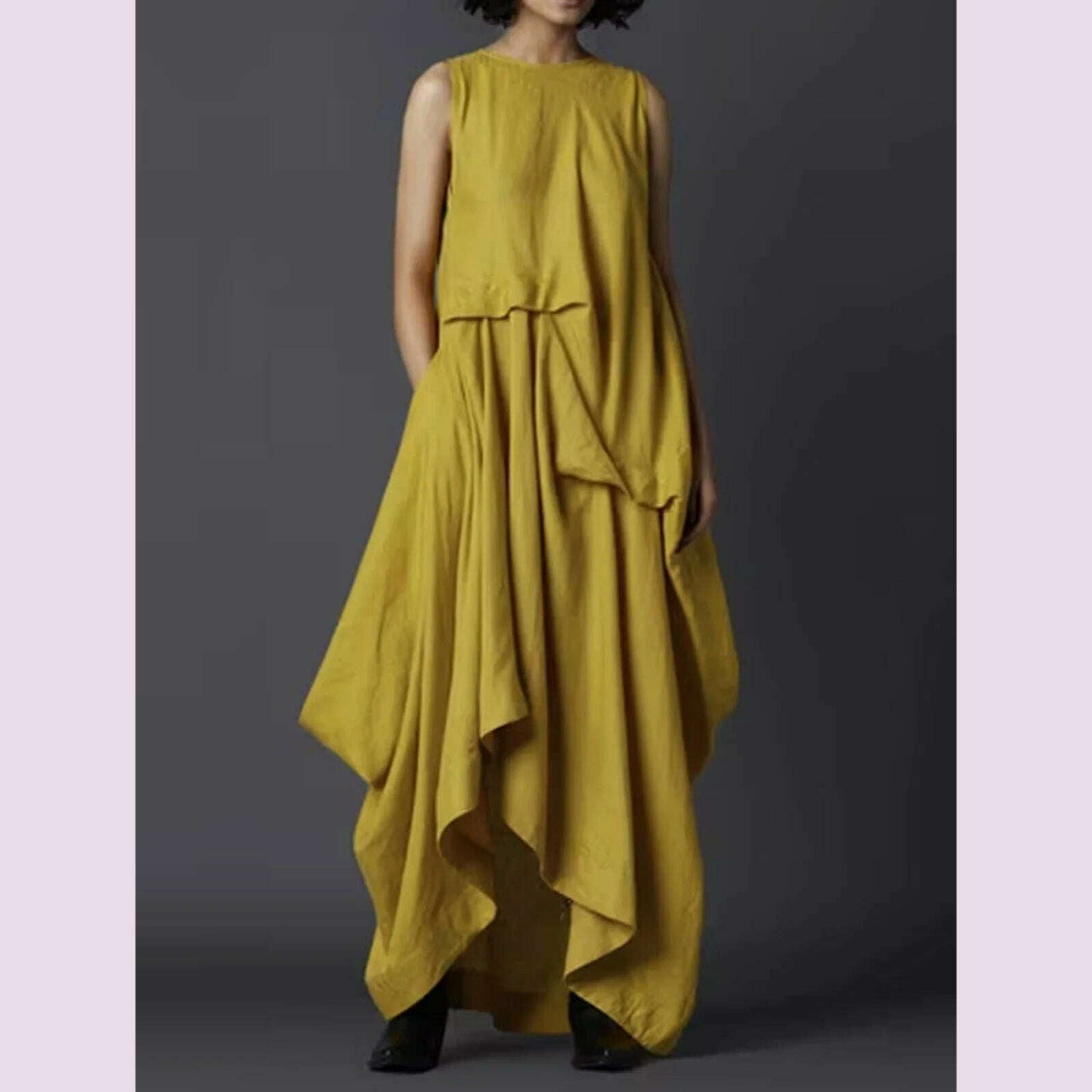 KIMLUD, Women's Tank Dress Pleated Pockets Vintage Asymmetric Hem Long Dress Solid Minimalist Casual Crew Neck Elegant Female Dress, Yellow / 4XL / CHINA, KIMLUD APPAREL - Womens Clothes