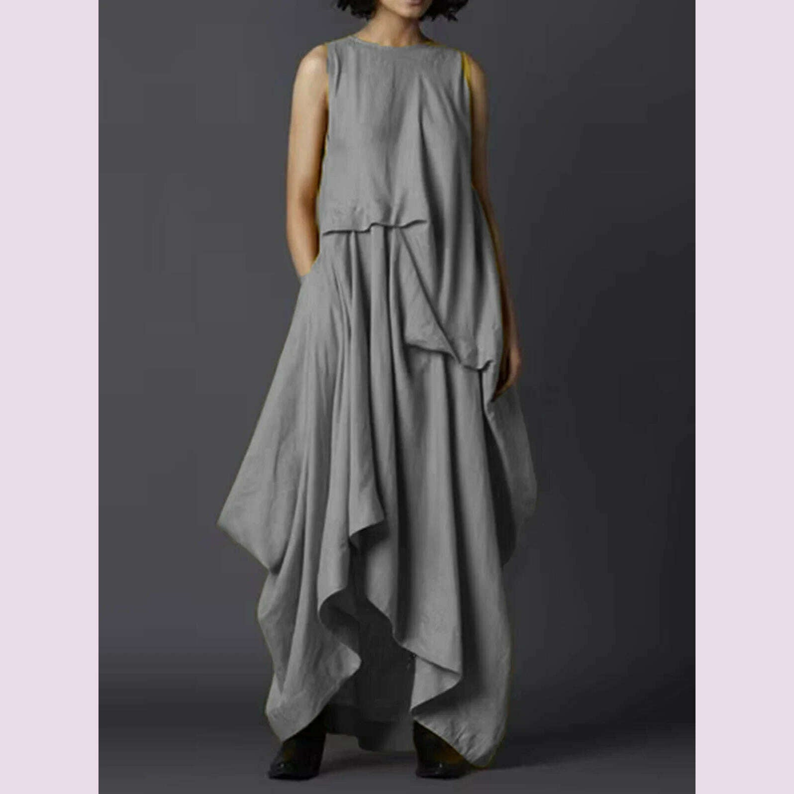 KIMLUD, Women's Tank Dress Pleated Pockets Vintage Asymmetric Hem Long Dress Solid Minimalist Casual Crew Neck Elegant Female Dress, GRAY / XXXL / CHINA, KIMLUD APPAREL - Womens Clothes