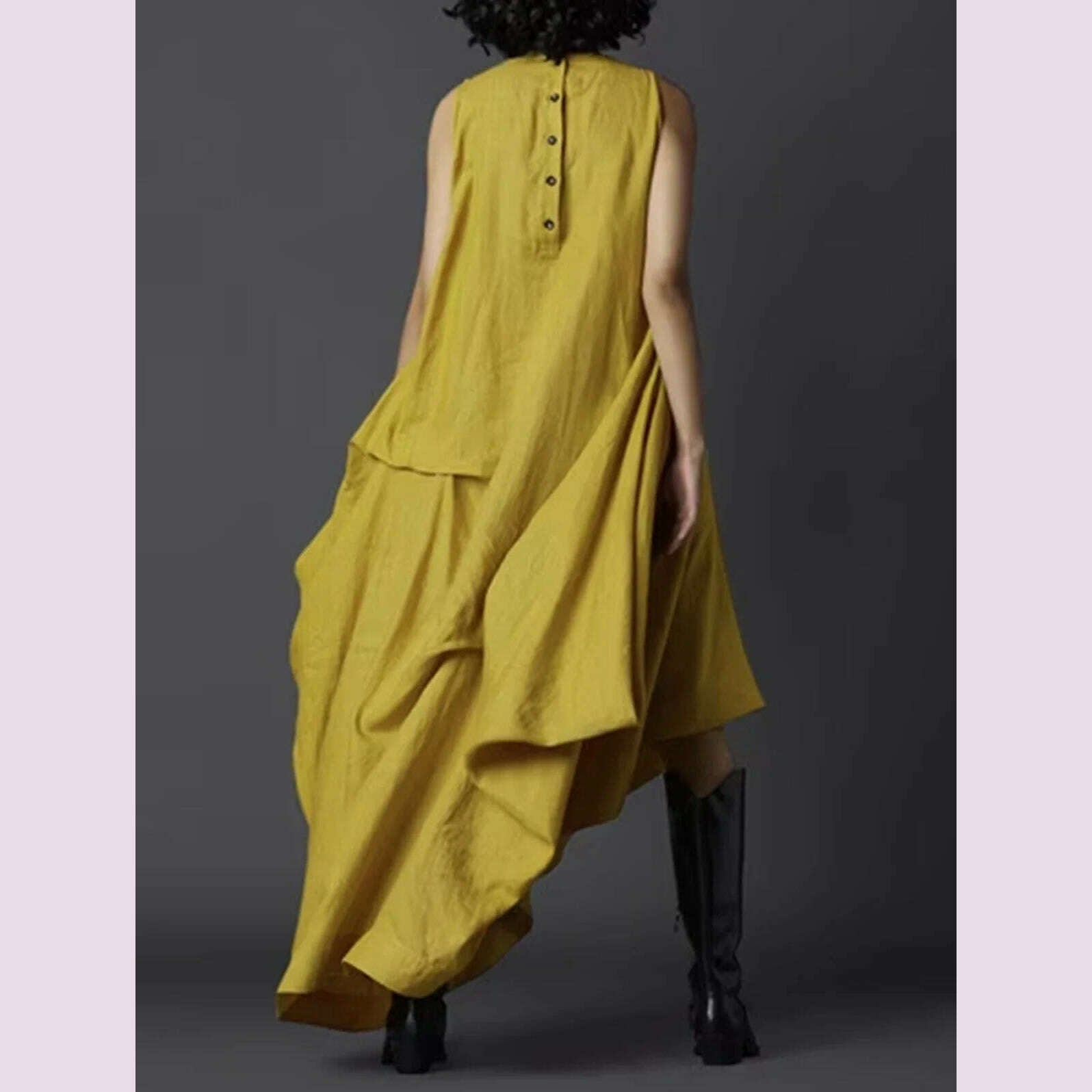 KIMLUD, Women's Tank Dress Pleated Pockets Vintage Asymmetric Hem Long Dress Solid Minimalist Casual Crew Neck Elegant Female Dress, KIMLUD Womens Clothes