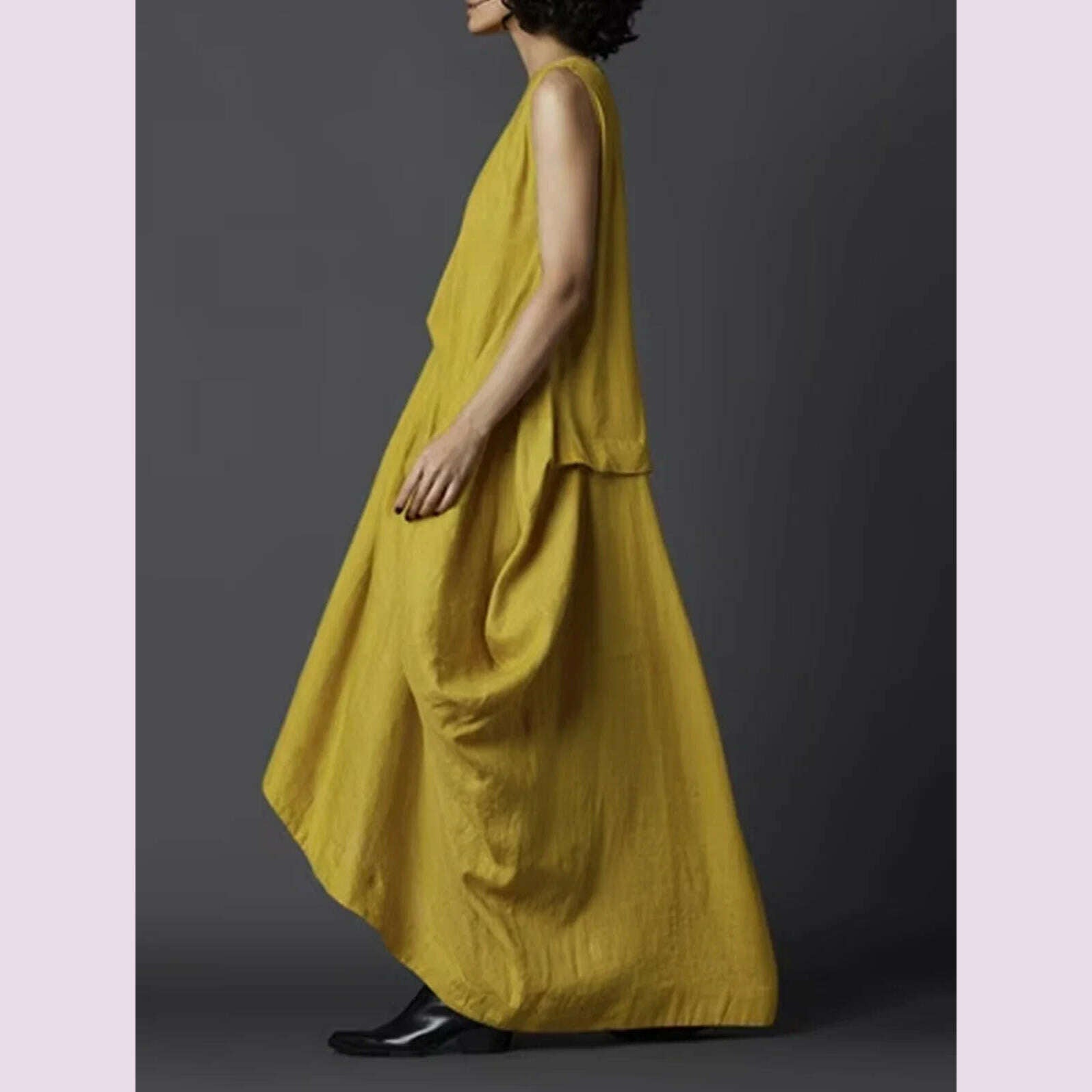 KIMLUD, Women's Tank Dress Pleated Pockets Vintage Asymmetric Hem Long Dress Solid Minimalist Casual Crew Neck Elegant Female Dress, KIMLUD Womens Clothes