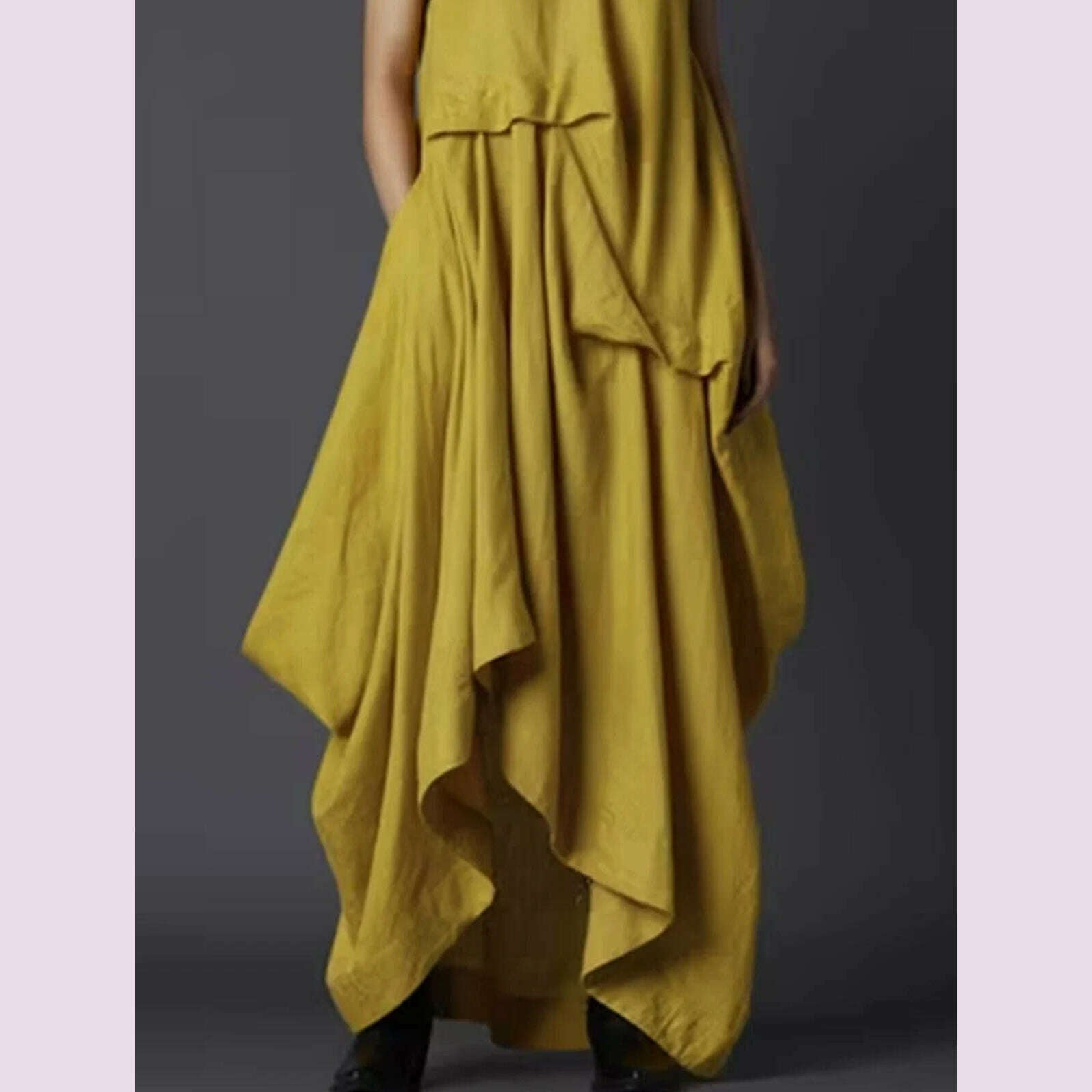 KIMLUD, Women's Tank Dress Pleated Pockets Vintage Asymmetric Hem Long Dress Solid Minimalist Casual Crew Neck Elegant Female Dress, KIMLUD Womens Clothes