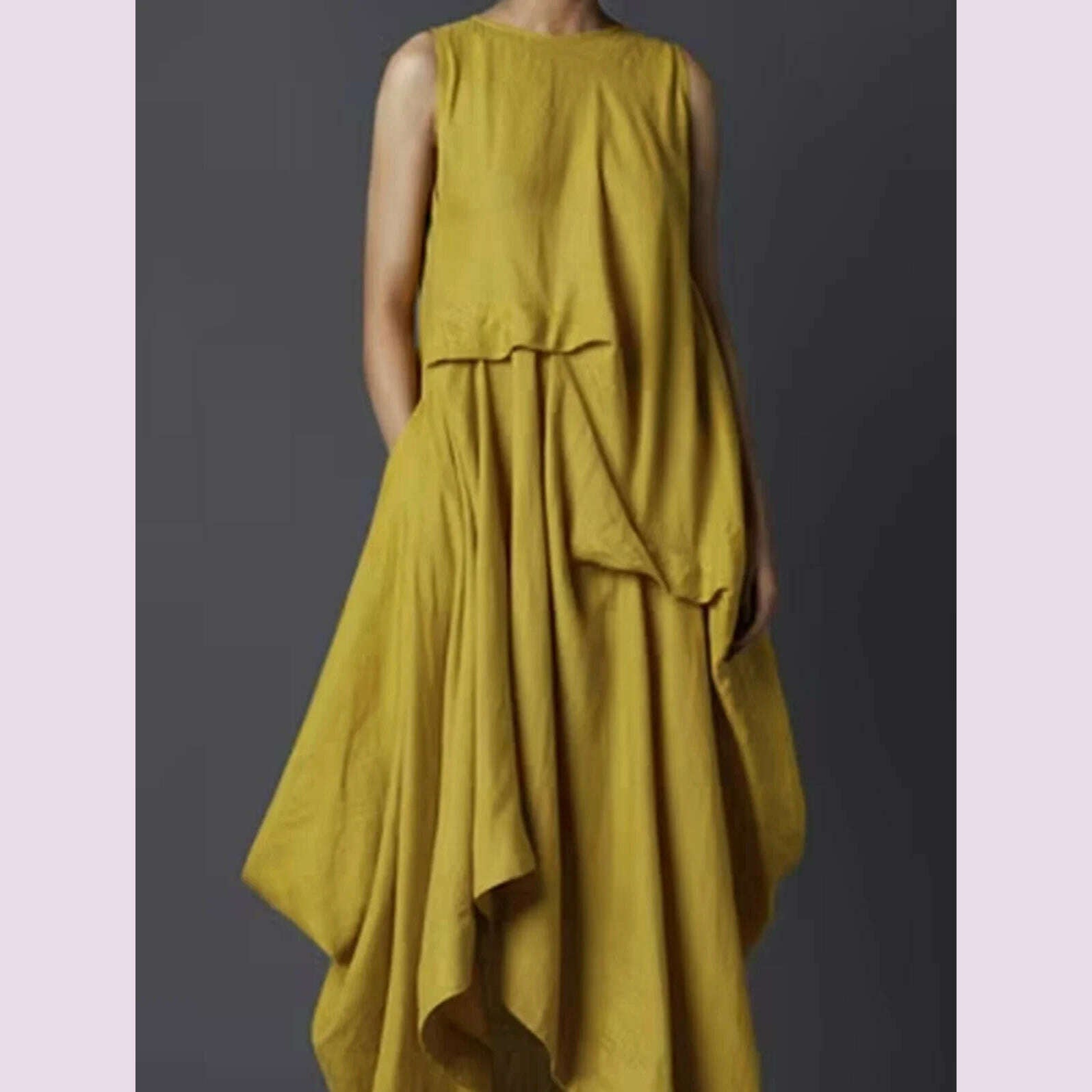 KIMLUD, Women's Tank Dress Pleated Pockets Vintage Asymmetric Hem Long Dress Solid Minimalist Casual Crew Neck Elegant Female Dress, KIMLUD Womens Clothes