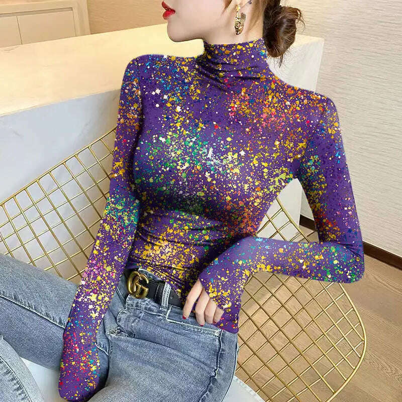 KIMLUD, Women's Thick Half High Neck Bottom 2023 Autumn and Winter New Fashion Printed Camouflage Long Sleeve Pullover T-shirt Slim Tops, Lavender 857 122 / M(35-40)kg, KIMLUD APPAREL - Womens Clothes