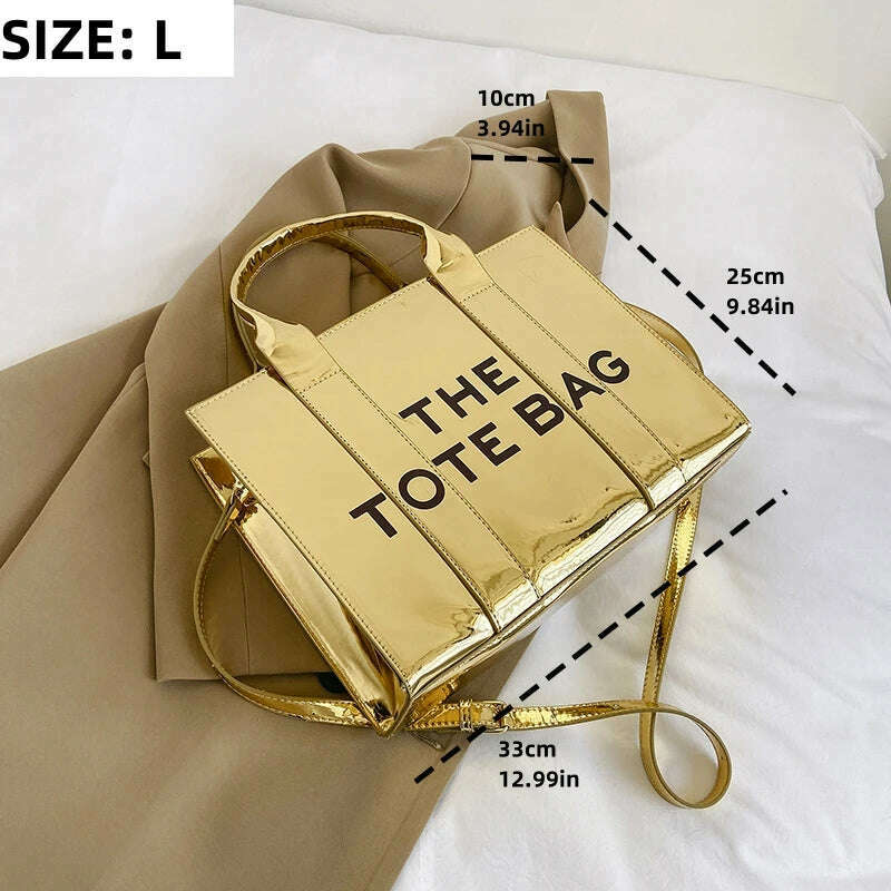 KIMLUD, Women's Tote Bag 2023 New Popular Bright Face Small Shoulder Bag Letter Printing Handbag Fashion One Shoulder Crossbody Bag, Gold L, KIMLUD Womens Clothes