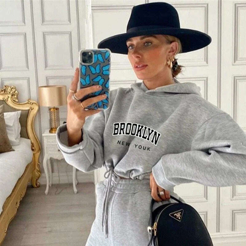 Women's Tracksuit Jogging Two Piece Set for Women Daily Dressing Drawstring Retract Your Waist Short Top Casual Hooded Hot Sales - KIMLUD