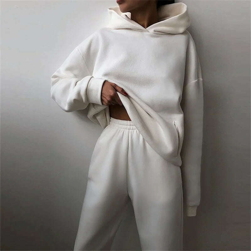 KIMLUD, Women's Tracksuit Suit Autumn Fashion Warm Hoodie Sweatshirts Two Pieces Oversized Solid Casual Hoody Pullovers Long Pant Sets, White / XXL, KIMLUD APPAREL - Womens Clothes